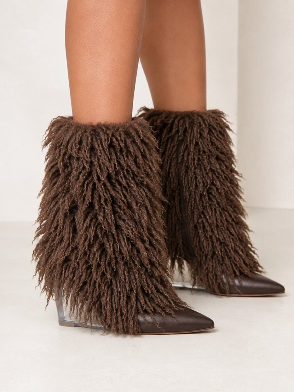 Women’s Shaggy Faux Fur Boots Pointed Toe Clear Wedge Heel Statement Boots